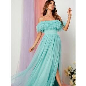 Faeriesty fairy women's off the shoulder ruffle trim Teal Size Large Formal Prom